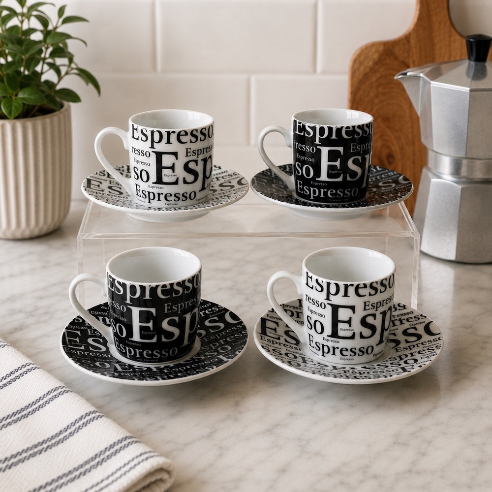 Konitz Espresso Typography Demitasse Cup & Saucer Set of 4 Black‎ White